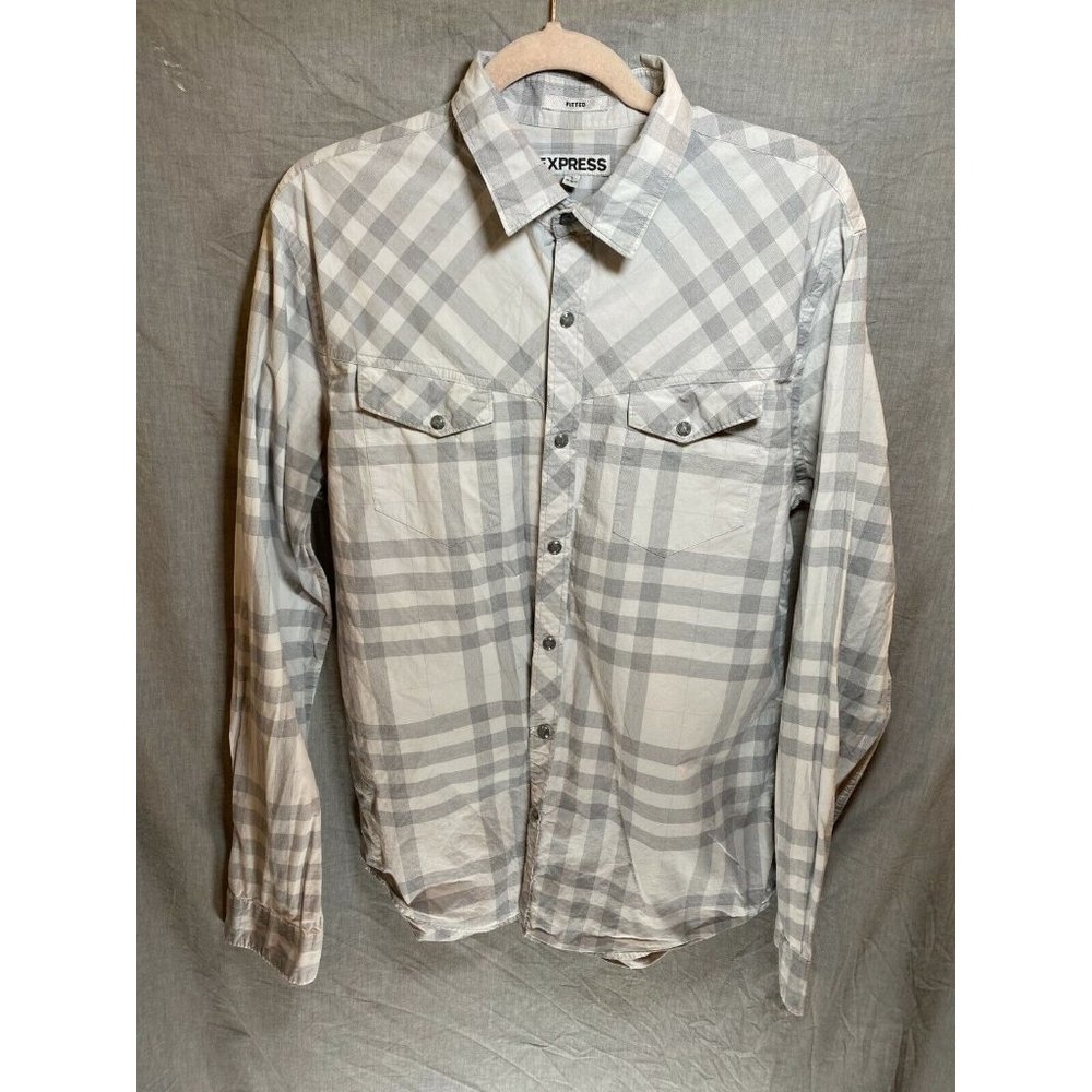 Express Button Up Shirt Adult Large Grey Black Plaid Snap Preppy Casual Mens.
